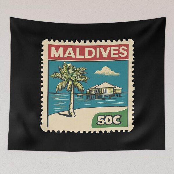 Item preview, Vintage Maldives Postage Stamp Art - Overwater Villa & Palm designed and sold by tiigerdad.