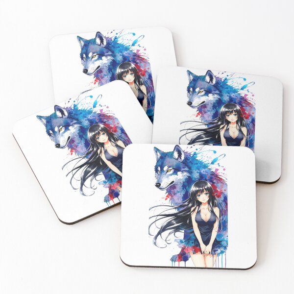 Item preview, Anime Girl with Wolf Guardian – Sumi-e Watercolor Ink Art designed and sold by blacksealstudio.
