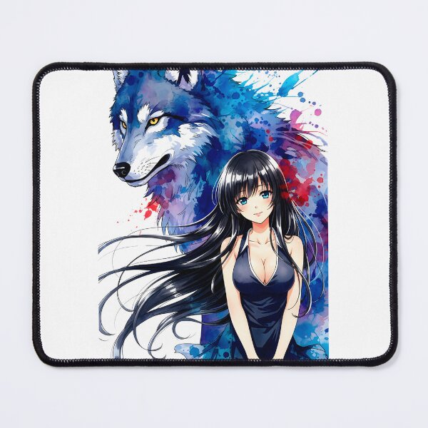 Item preview, Anime Girl with Wolf Guardian – Sumi-e Watercolor Ink Art designed and sold by blacksealstudio.