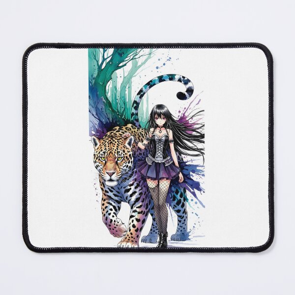 Item preview, Anime Girl with Jaguar Guardian – Sumi-e Watercolor Ink Art designed and sold by blacksealstudio.