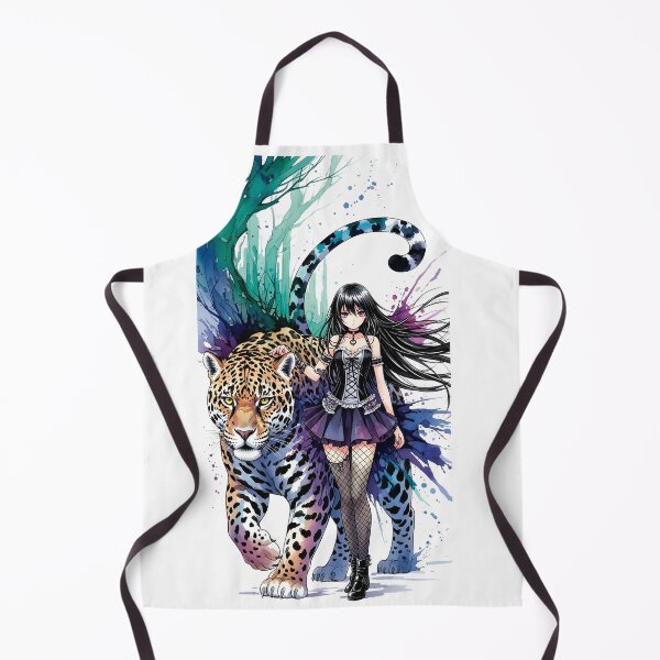 Item preview, Anime Girl with Jaguar Guardian – Sumi-e Watercolor Ink Art designed and sold by blacksealstudio.