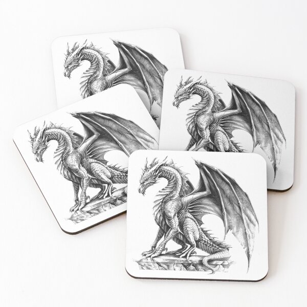 Item preview, Regal Dragon on Cliff – Fantasy Creature Line Art Illustration designed and sold by inkoutninja.