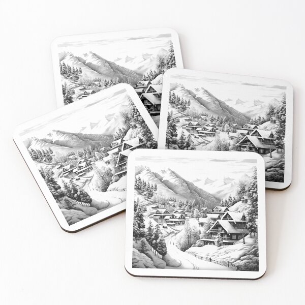 Item preview, Snowy Mountain Village – Winter Cabin Landscape Line Art designed and sold by inkoutninja.