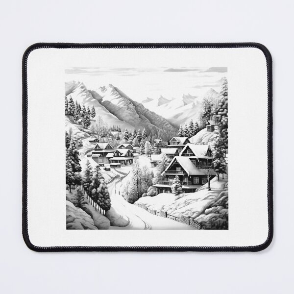 Item preview, Snowy Mountain Village – Winter Cabin Landscape Line Art designed and sold by inkoutninja.