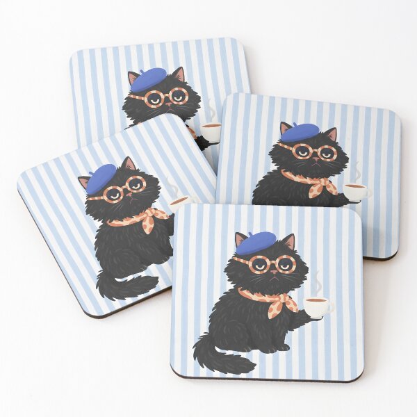 Item preview, Cute Black Cat with Coffee Wearing Beret – Cozy Parisian Cat Illustration designed and sold by GiftsCreek.