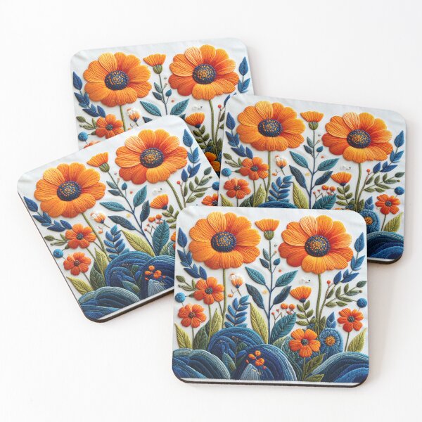 Item preview, Orange and Blue Embroidered Flower Pattern designed and sold by mcraft studio.