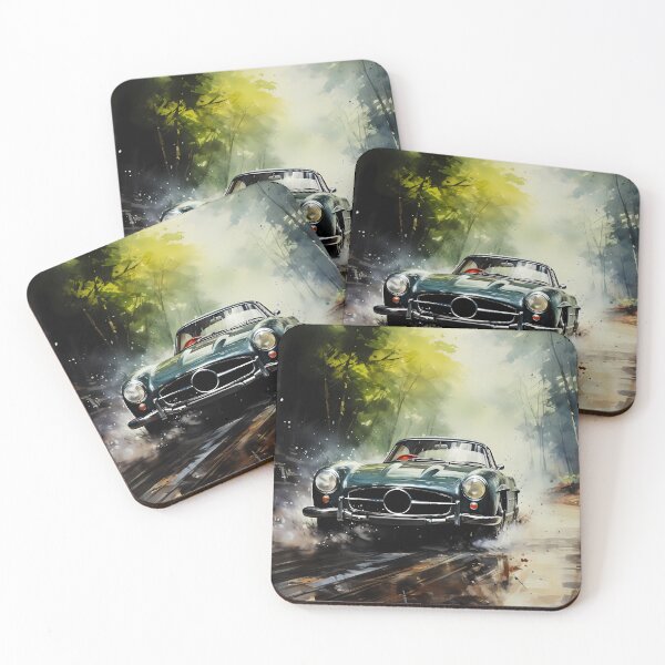 Item preview, Vintage Sports Car Speeding On Wet Woodland Road Amid Trees designed and sold by RevUpDesign.