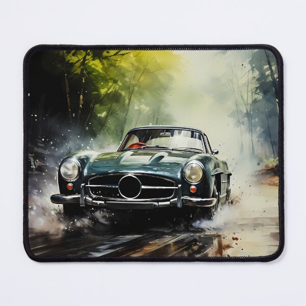 Item preview, Vintage Sports Car Speeding On Wet Woodland Road Amid Trees designed and sold by RevUpDesign.
