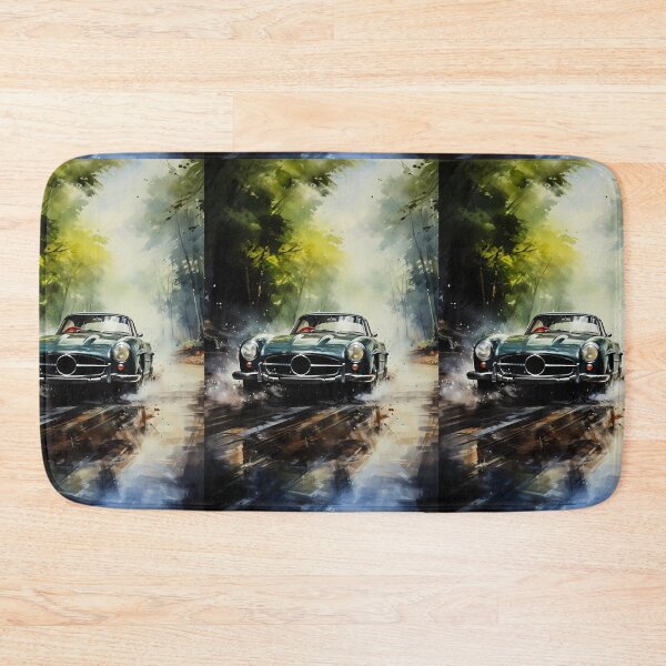 Item preview, Vintage Sports Car Speeding On Wet Woodland Road Amid Trees designed and sold by RevUpDesign.