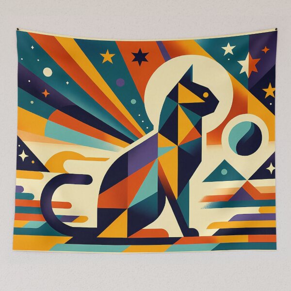 Item preview, Geometric Space Cat with Retro Sunburst designed and sold by InkSmithery.