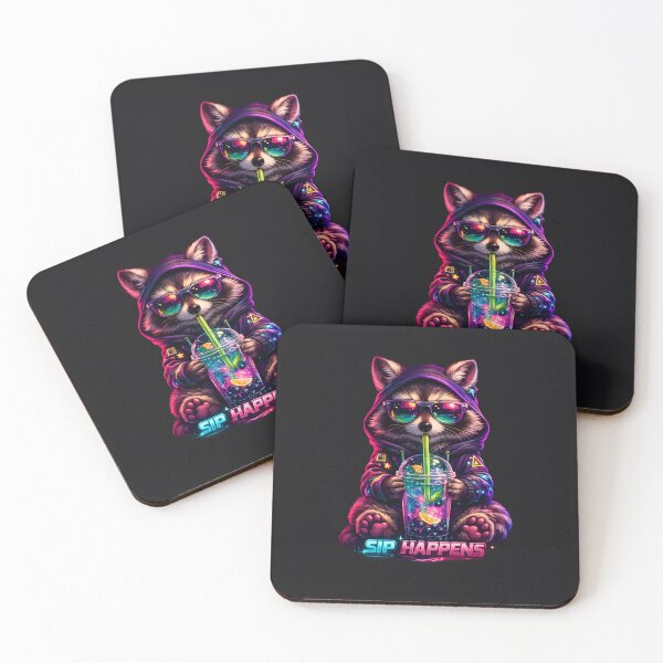 Item preview, Sip Happens Neon Cyberpunk Raccoon Boba Bubble Tea  designed and sold by shmupod.