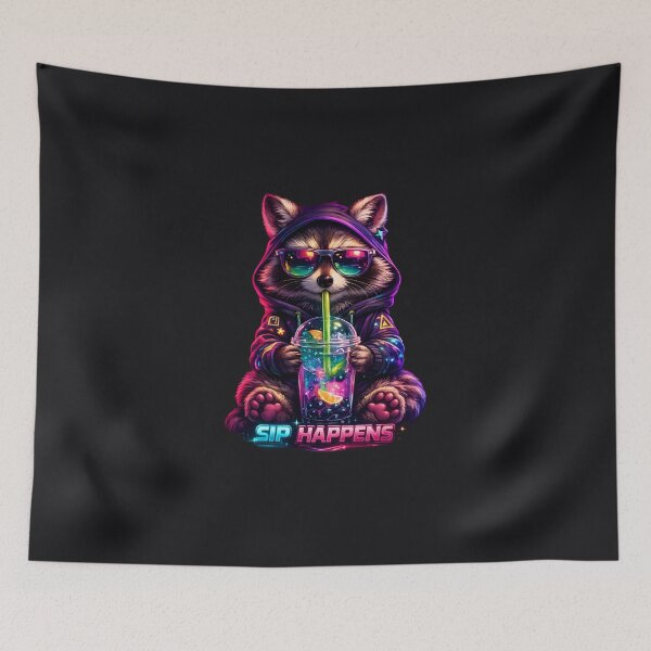 Item preview, Sip Happens Neon Cyberpunk Raccoon Boba Bubble Tea  designed and sold by shmupod.