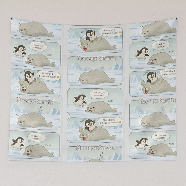 Item preview, Pip and Sam Massage Service - Cute Penguin and Seal Comic Strip Funny Ticklish Animal Friendship Illustration designed and sold by SammyMorry.