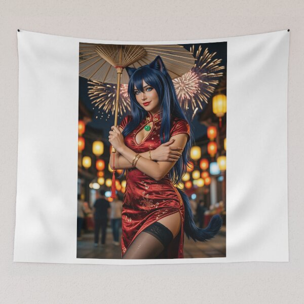 Item preview, Blue haired cat girl red qipao fireworks night hug designed and sold by CathryneDelamort.