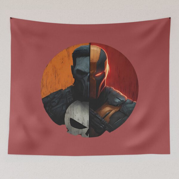 Item preview, Deathstroke Punisher Mashup Art - DC Marvel Split Face Vigilante Circle Art designed and sold by LoomisDreams.