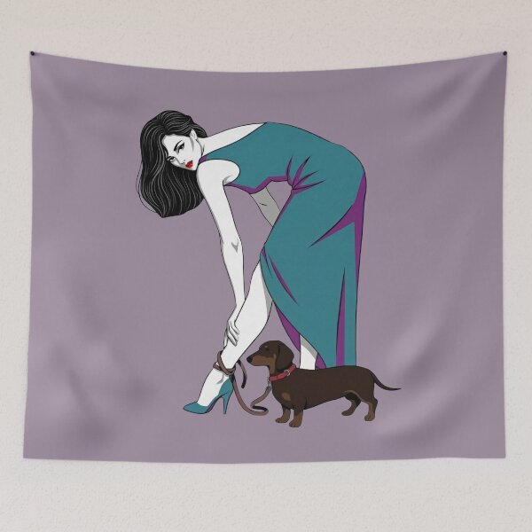 Item preview, Retro Woman with Dachshund designed and sold by TinyRed SpiralArt.