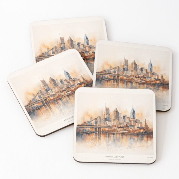 Item preview, Nashville Skyline Watercolor Panorama Print – Music City Bridge Reflection Wall Art designed and sold by POD DYNASTY.