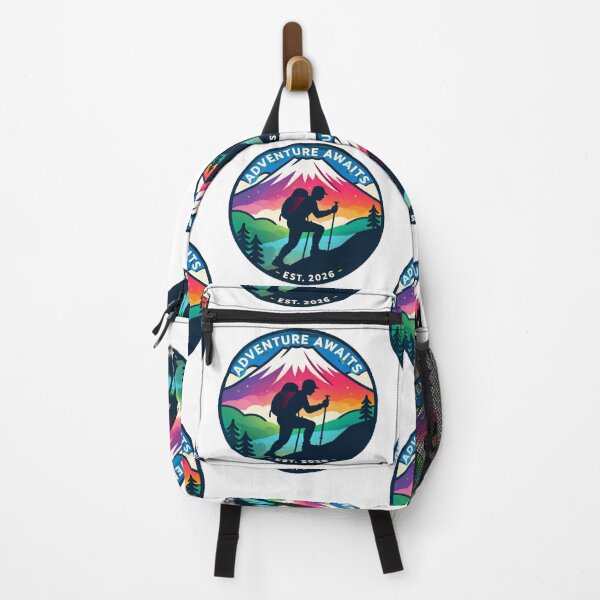 Item preview, Adventure Awaits Hiking Badge | Colorful Mountain Outdoor Adventure Design designed and sold by Globalcitytees.