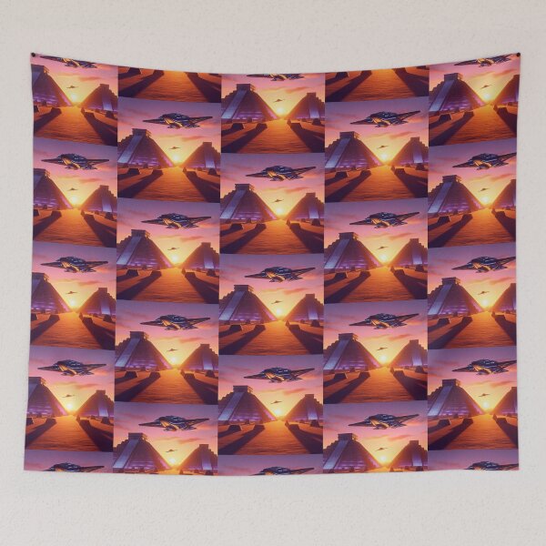 Item preview, Ancient Arrival – Futuristic Spaceships Over Glowing Pyramids designed and sold by Dogandesighn.