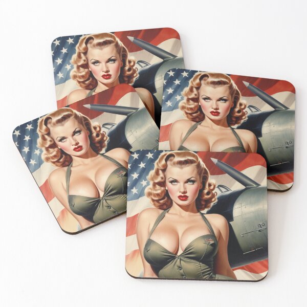 Item preview, Vintage WWII Bomber Pin-Up Girl Blonde Military Cadet American Flag Art designed and sold by MissSaylor.