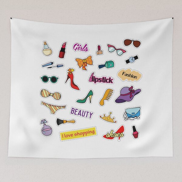 Item preview, Girly Fashion Beauty Sticker Pack - Cute Lipstick Heels Perfume Shopping Doodles Art Print designed and sold by DesignArtist.ia.