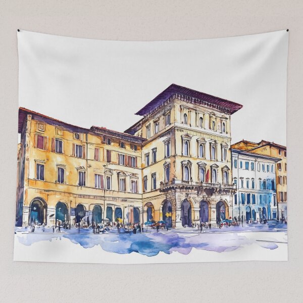 Item preview, A vibrant watercolor depiction of historic buildings in Florence, Italy, bustling with life and charm during the afternoon light designed and sold by anytka.