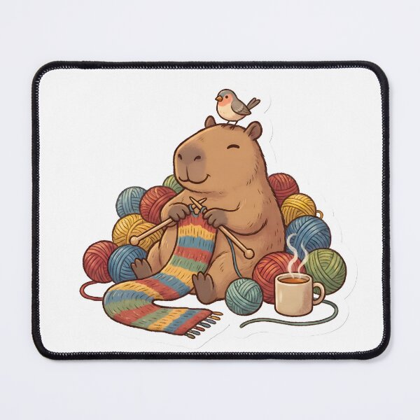 Item preview, Cute Chill Capybara Knitting a Scarf in Yarn Pile with Bird Friend designed and sold by StickyGuys.
