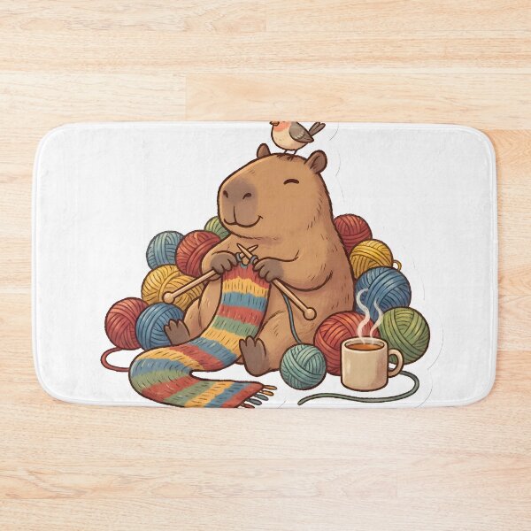 Item preview, Cute Chill Capybara Knitting a Scarf in Yarn Pile with Bird Friend designed and sold by StickyGuys.
