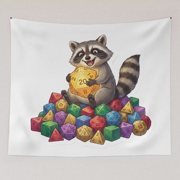Item preview, Cute Chaotic Raccoon Dice Goblin Hoarding Nat 20 D20 DnD TTRPG designed and sold by StickyGuys.
