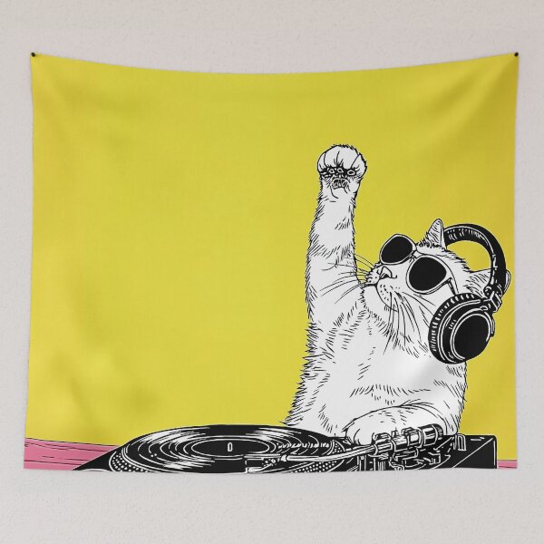Item preview, Cool Cat DJing ?? rekord player cool cat sunglasses music mix sound dj headphones vinyl party hipster retro neon pink yellow fun designed and sold by Venon28.