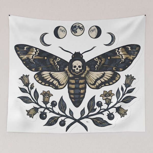 Item preview, Mystical Death Moth Woodcut Tattoo Aesthetic Moon Phases & Nightshade Illustration designed and sold by StickyGuys.