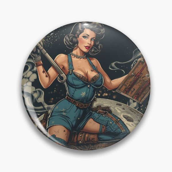 Item preview, Burlesque Pin-Up Mechanic in Greasy Coveralls on Rusted Industrial Moon Motorcycle designed and sold by MissSaylor.