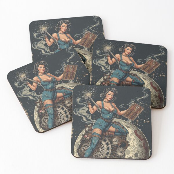 Item preview, Burlesque Pin-Up Mechanic in Greasy Coveralls on Rusted Industrial Moon Motorcycle designed and sold by MissSaylor.
