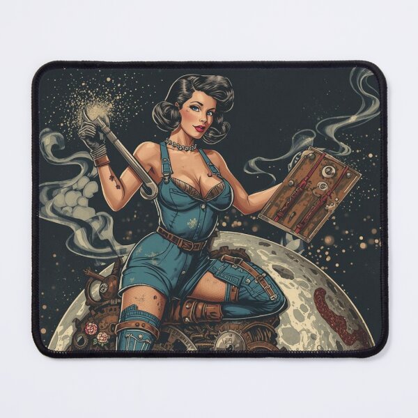Item preview, Burlesque Pin-Up Mechanic in Greasy Coveralls on Rusted Industrial Moon Motorcycle designed and sold by MissSaylor.