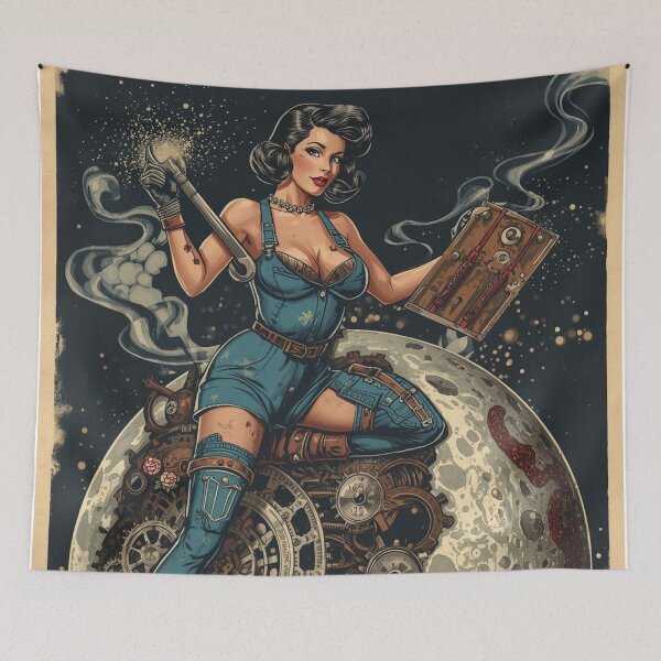 Item preview, Burlesque Pin-Up Mechanic in Greasy Coveralls on Rusted Industrial Moon Motorcycle designed and sold by MissSaylor.
