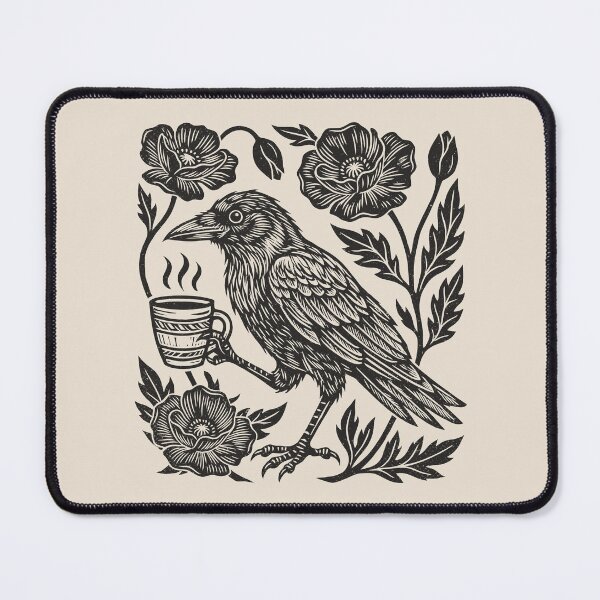 Item preview, Crow Coffee Linocut Style Vintage Floral Bird  designed and sold by Y-Vibes.