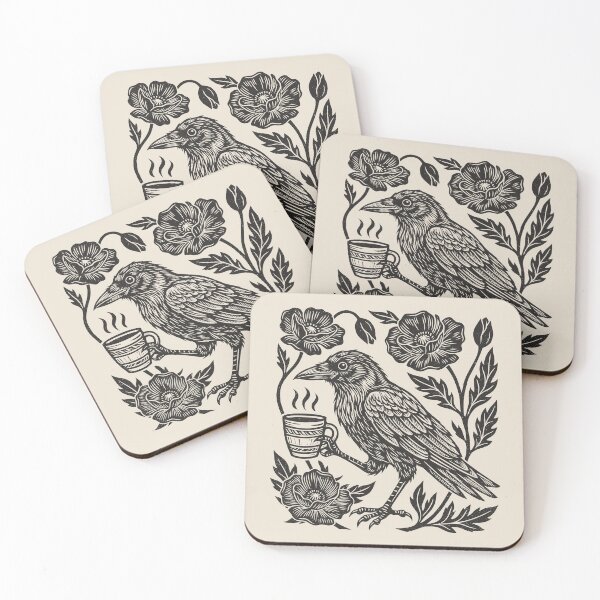 Item preview, Crow Coffee Linocut Style Vintage Floral Bird  designed and sold by Y-Vibes.
