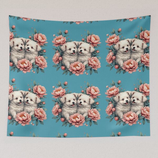 Item preview, Tibetan Terrier puppies among peony flowers. designed and sold by Natalia-Vlad.