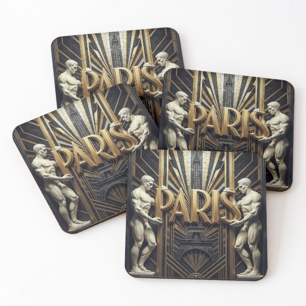 Item preview, Paris Art Deco Atlas Guardians - Vintage Industrial Mosaic Poster designed and sold by FrancophileFun.