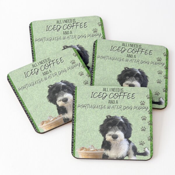 Item preview, Portuguese Water Dog Puppy and Iced Coffee Dog Mom Dog Dad Journal Notebook Art Prints Coasters designed and sold by yashiki.
