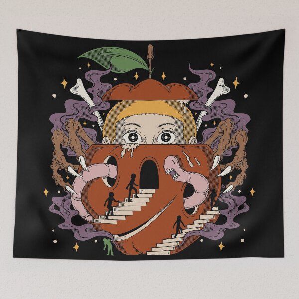 Item preview, Surreal retro apple world with stairs worms and fantasy characters designed and sold by Faissal Thomass.