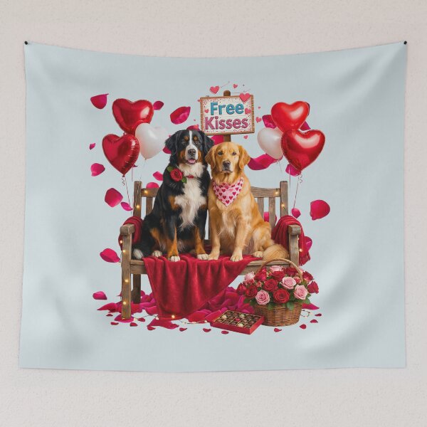 Item preview, Cute Bernese Mountain Dog & Golden Retriever Valentine's Bench | Free Kisses & Roses designed and sold by E-SarnEdge.