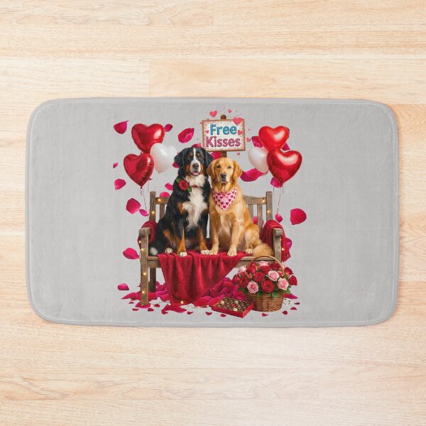 Item preview, Cute Bernese Mountain Dog & Golden Retriever Valentine's Bench | Free Kisses & Roses designed and sold by E-SarnEdge.