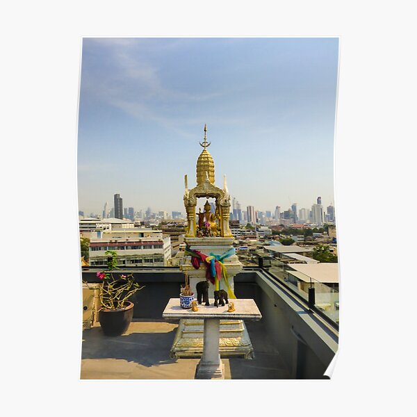 Spirit house and Bangkok's skyline Poster