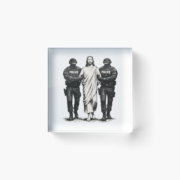 Artikelvorschau, Jesus in Polizeieskorte / ICE – Anti-ICE-Protestkunst, Illustration zu Glaube und Gerechtigkeit entworfen und verkauft von BrainBubbleArt.