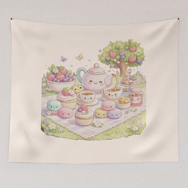 Item preview, Whimsical Dessert Garden Picnic – Cute Anthropomorphic Cupcakes, Macarons & Snacks Illustration, Kawaii Pastel Cartoon Art designed and sold by MeghannsMinimalMeals.