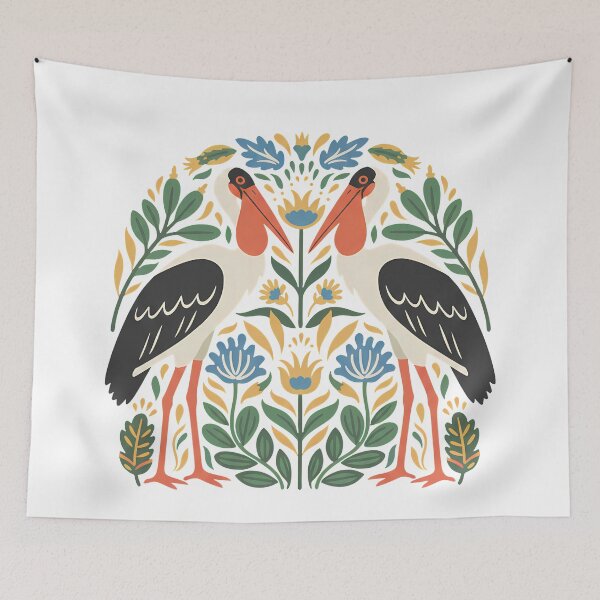 Item preview, Greater Adjutant Stork Botanical Emblem – Scandinavian Folk Art Illustration by heidiannemorris © designed and sold by FOLK ART FUSION by heidiannemorris.