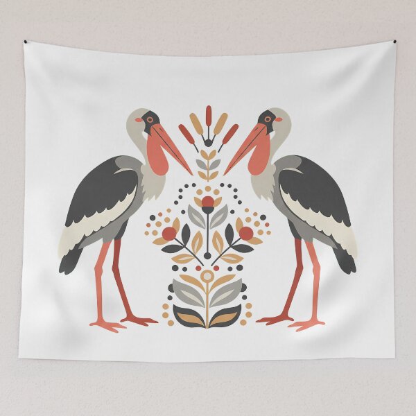 Item preview, Greater Adjutant Stork Floral Crest – Scandinavian Folk Art Wildlife by heidiannemorris © designed and sold by FOLK ART FUSION by heidiannemorris.