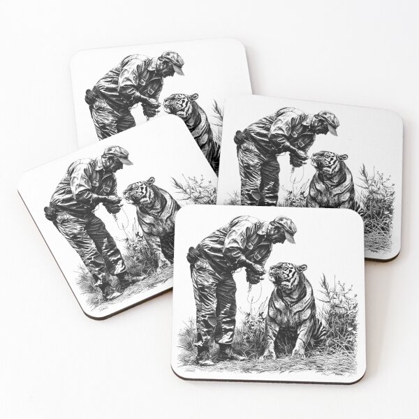Item preview, Man and Tiger Bonding – Black and White Wildlife Art Illustration designed and sold by inkoutninja.