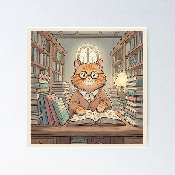 Item preview, The Literary Feline: Retro Librarian Cat designed and sold by VisualRotaStudio .